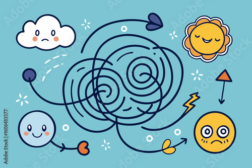 Cartoon Illustration of Emotional Weather with Confusing Paths Featuring Happy Sun Sad Cloud and Other Emotions Representing Mood Swings and Mental Health Challenges