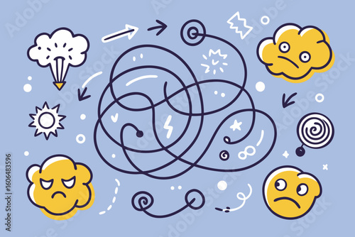 Mental Health Concept with Tangled Lines and Sad Clouds Representing Anxiety Confusion and Emotional Distress Emphasizing the Importance of Seeking Clarity and Finding a Path