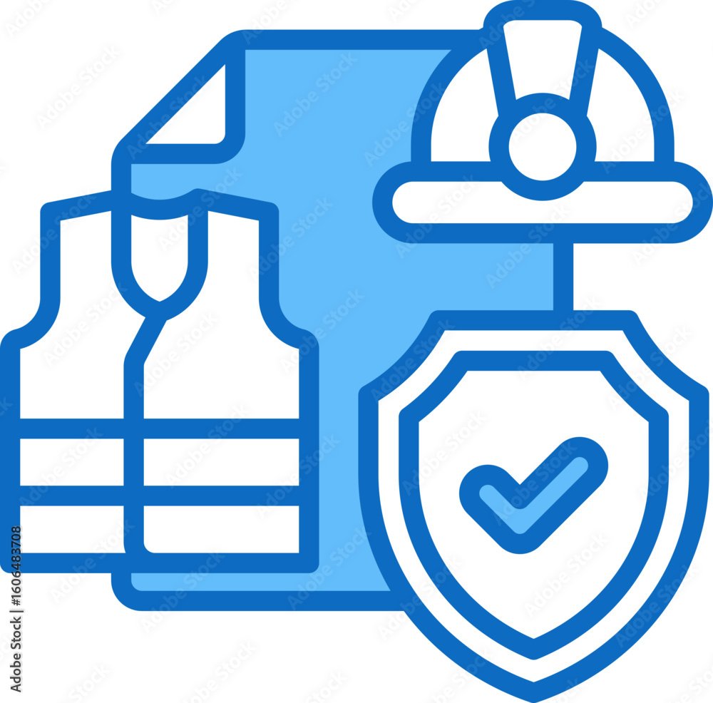 Obraz premium Gear Certification Blue Fill Outline Icon Vector Design - Document with helmet and vest, protected by shield, representing certified safety gear or PPE approval