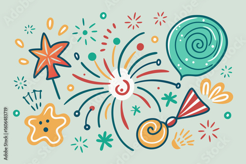 Festive Hand Drawn Party Elements with Confetti Sparklers and Balloons for Celebrations Holidays and Special Occasions on a Pale Green Background