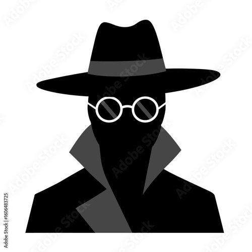 Mysterious figure in shadow wearing fedora and glasses, embodying secrecy and intrigue