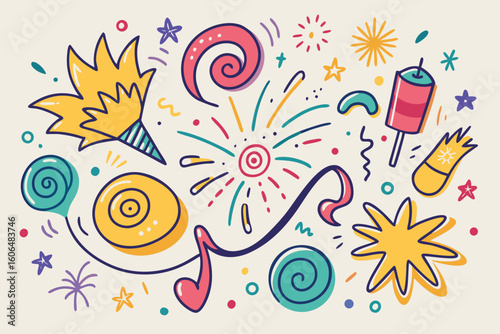 Festive and Fun Hand Drawn Party Elements Illustration Featuring Confetti Streamers Stars and Spirals in Bright Colors for Celebrations Events and Holiday Designs with a