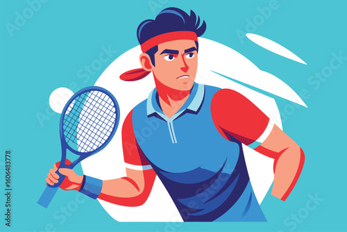 Dynamic male tennis player in action, ready to serve on a vibrant turquoise background during a competitive match at a summer tournament