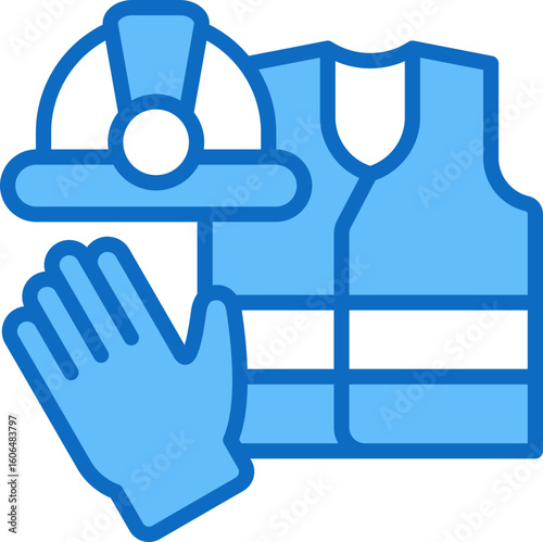 PPE Kit Blue Fill Outline Icon Vector Design - Glove, helmet, and vest together, representing a complete set of required personal protective equipment