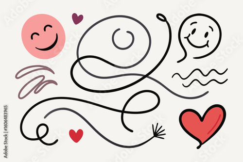 Playful Doodle Set with Hearts Smiles and Swirls on Cream Background perfect for Valentine s Day social media or adding a touch of whimsy to