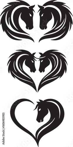 Black horse heads forming hearts equine animal