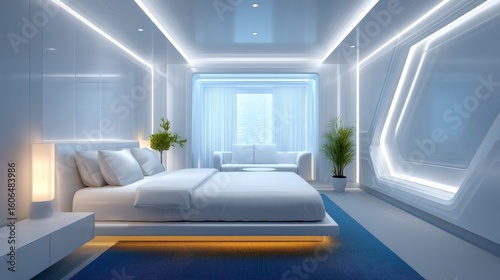 Futuristic AI Inspired Bedroom With Sleek White Furniture And Ambient Lighting