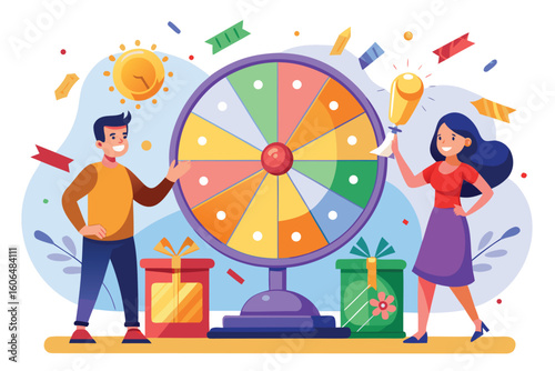 Lucky people celebrate winning prizes at a vibrant prize draw event featuring a colorful spinning wheel and gift boxes