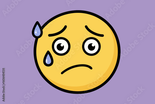 Cartoon emoji face with a worried expression and sweat drops conveying feelings of anxiety stress or concern against a light purple background simple and modern