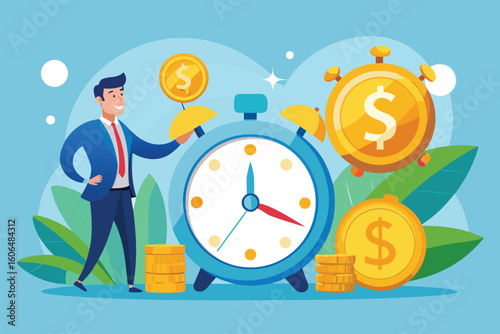 Long term investment and savings concept illustrated with a cheerful businessman holding a coin in front of a clock, symbolizing time and financial growth in a vibrant setting