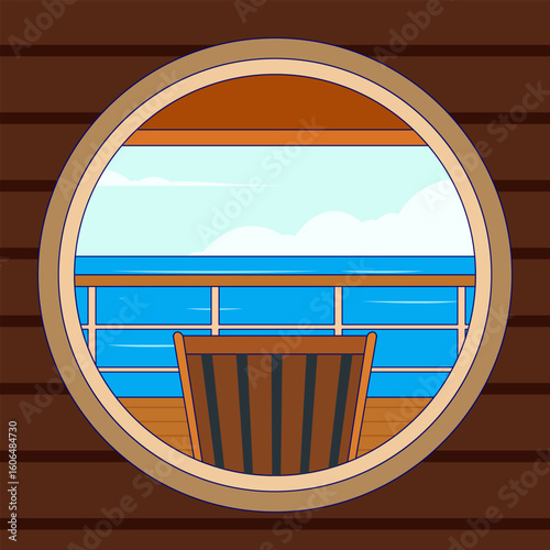 A serene ocean view seen through a round cruise cabin window, featuring a wooden chair on the deck with calm sea and sky in the background.
