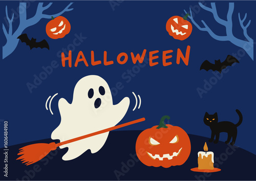 ポップでシンプルなハロウィンイラストセット、Halloweenのイラスト背景、ベクターセット