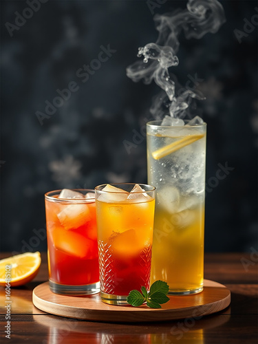 Assorted cold beverages with lemon and ice, including cocktails and cola, for a refreshing treat