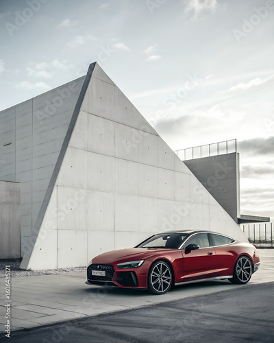 Sleek Red Sports Car Against Modern Minimalist Architecture..