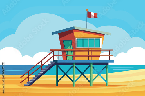 Modern lifeguard tower on sandy beach with flag waving in the gentle breeze under a clear blue sky