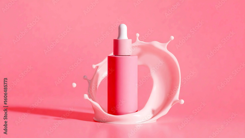Obraz premium Pink serum bottle with white liquid splash on pink background