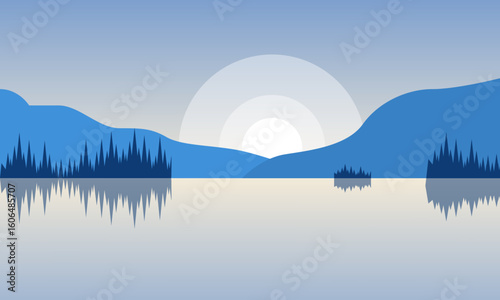 Valley with lake background, meadow. Rural location in the hill, forest, trees, cartoon vector
