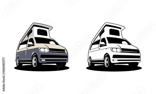 RV camper van classic style logo vector illustration, camper van with pop up - roof top tent illustration logo design