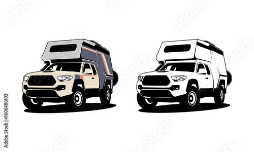 RV camper van classic style logo vector illustration,  camper truck with roof top tent illustration logo vector