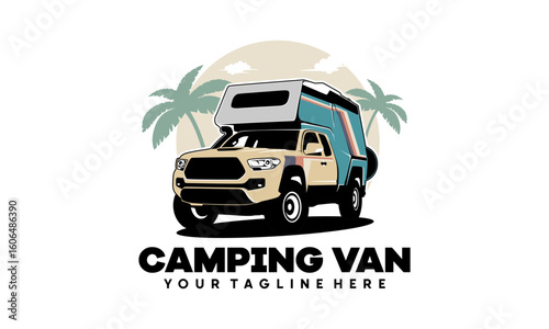 RV camper van classic style logo vector illustration,  camper truck with roof top tent illustration logo vector