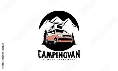 RV camper van classic style logo vector illustration, camper van with pop up - roof top tent illustration logo design