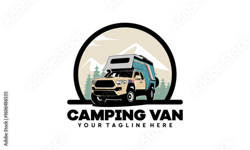 RV camper van classic style logo vector illustration,  camper truck with roof top tent and pine forest illustration logo vector