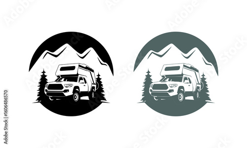 RV camper van classic style logo vector illustration,  camper truck with roof top tent and pine forest illustration logo vector