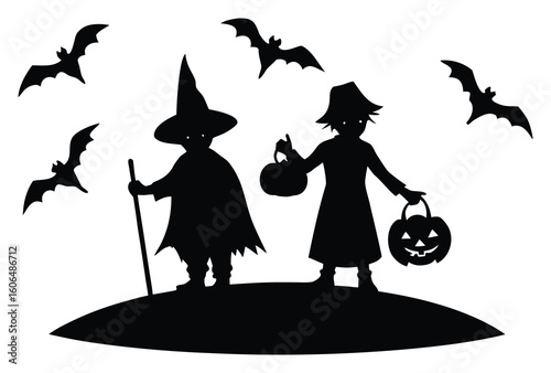 Halloween Silhouette of Children Trick or Treating with Bats Flying Overhead on a Hill Celebrating the Spooky Season