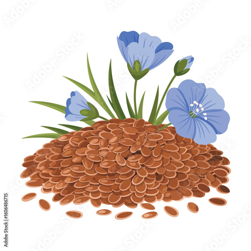 Pile of flax seeds with blue flax flowers and green stems