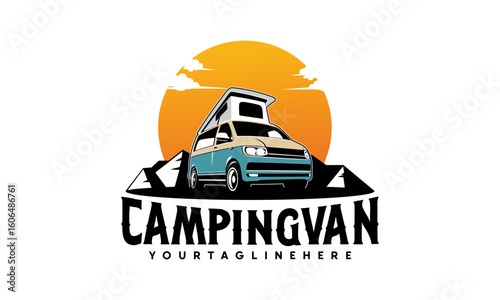 RV camper van classic style logo vector illustration, camper van with pop up - roof top tent illustration logo design