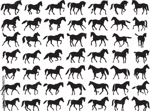 Black horse silhouettes galloping trotting walking horses white