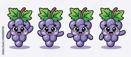 Four cute cartoon grapes with happy faces and waving hands