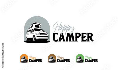 RV camper van classic style logo vector illustration, camper van with pop up - roof top tent illustration logo design