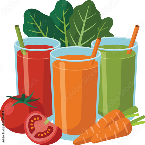 Three glasses of colorful fresh juices with ingredients like tomato and carrots