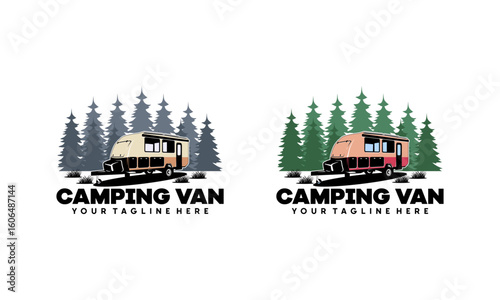 Set of RV camper van classic style logo vector illustration, Perfect for RV with pine forest