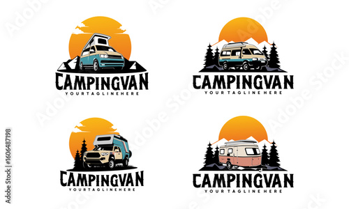 Set of RV camper van classic style logo vector illustration, Perfect for RV with Sun and pine forest