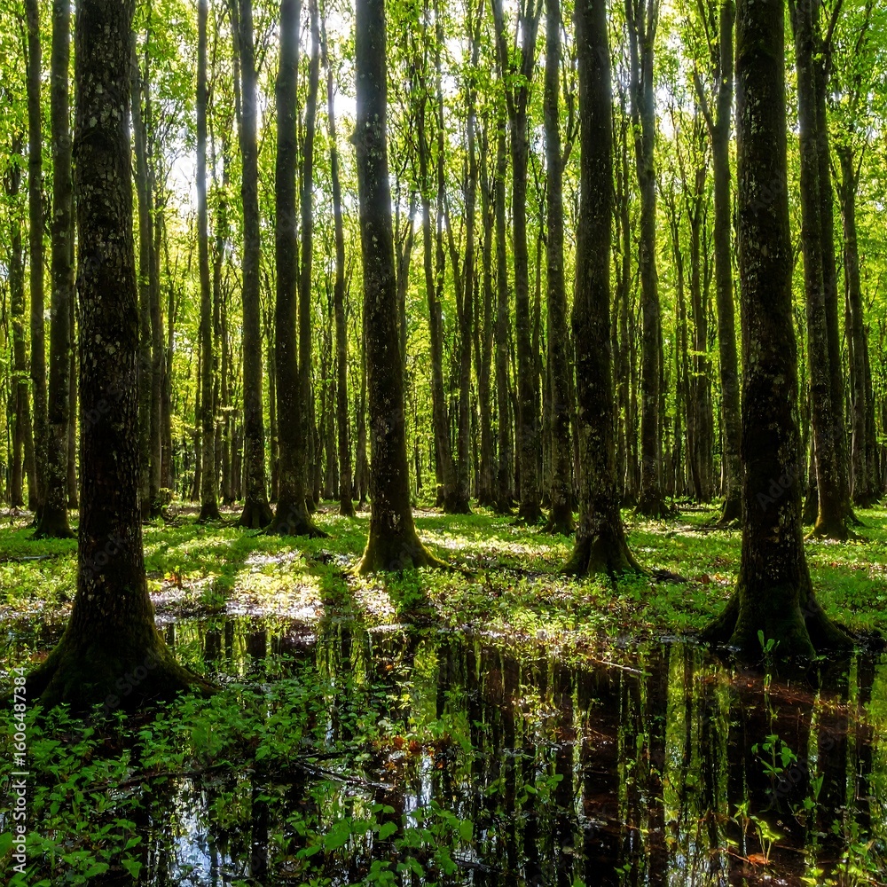 Obraz premium Lush forest floor with sunlight filtering through trees