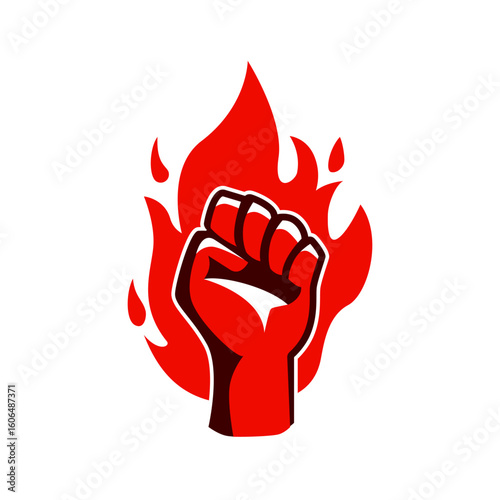 Fist and fire emblem isolated. Hand clenched power strength icon symbol. Vector illustration