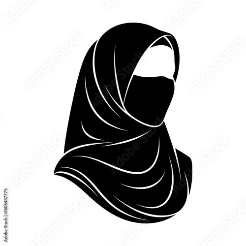 a woman wearing a full hijab vector icon, A stylized black and white illustration of a woman wearing a full hijab