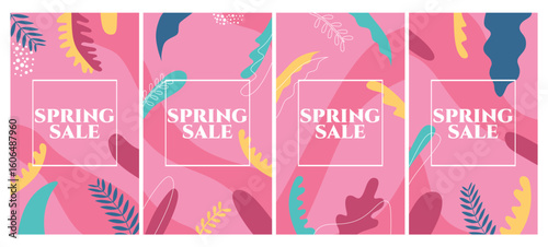 Vector set of abstract backgrounds with copy space for text - bright vibrant banners, posters, cover design templates, social media stories wallpapers with tropical leaves and plants