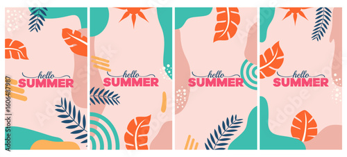 Vector set of abstract backgrounds with copy space for text - bright vibrant banners, posters, cover design templates, social media stories wallpapers with tropical leaves and plants