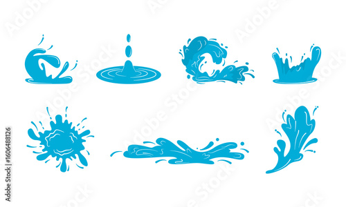 Water drops. Current drops, waves, tears and spray. Splashes or spill water elements, isolated vector illustration.