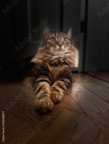 Handsome cat on herringbone wooden floor with dark background