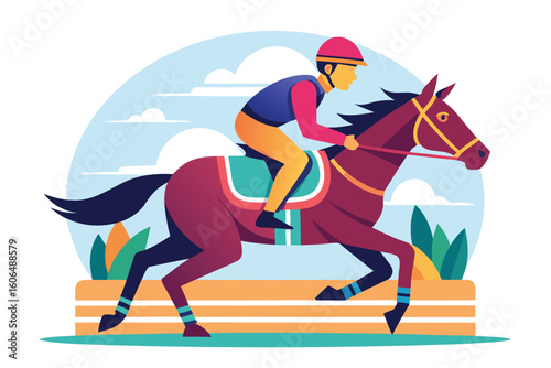 Vector illustration of a jockey riding a racing horse on a sunny day with colorful landscape and vibrant details in a dynamic motion scene