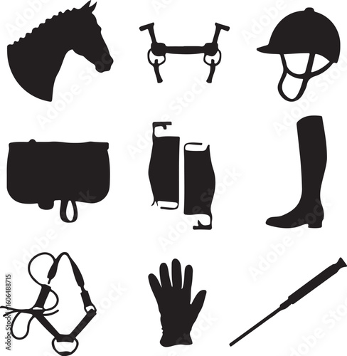 Horse riding equipment silhouette collection equestrian helmet