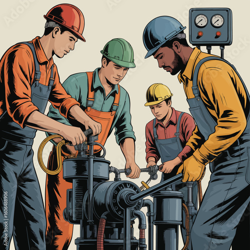 Diverse group of skilled tradespeople working together on machinery
