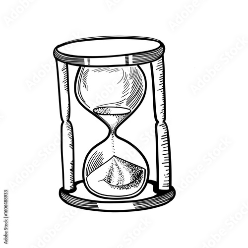 Hourglass. Black and white hand drawn sketch vector illustration isolated on white background, Sand watch glass engraving vector illustration.