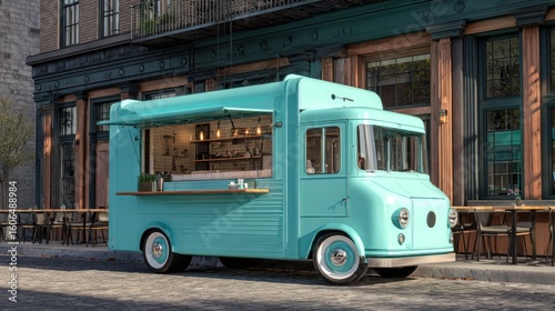 Retro teal food truck parked outside a trendy urban cafe