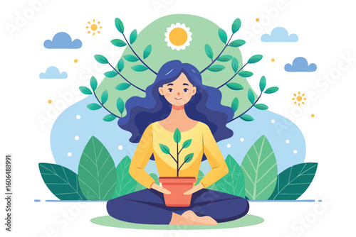 Mindfulness and inner self represented by a woman nurturing a plant in a serene outdoor setting with sun and greenery in the background