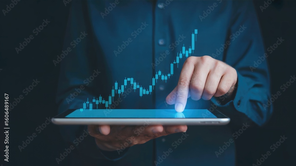 Naklejka premium Tablet displaying a rising financial chart with a finger touching the screen for analysis.